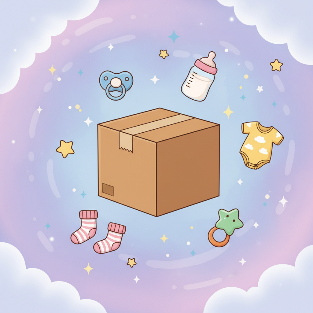 Brown Box with Floating Baby Items