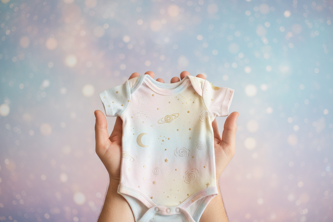 Hand holding baby onesie