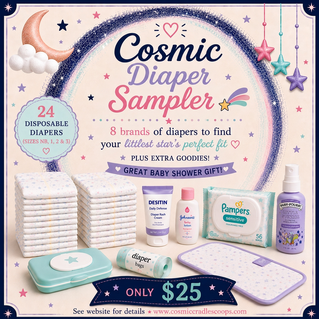 Cosmic Diaper Sampler with 24 diapers, extra goodies, and sizes NB, 1, 2 and 3